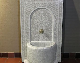 Handmade Zellige Mosaic Wall Fountain – White & Beige Moroccan Indoor/Outdoor Water Feature
