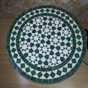 white-green Customizable Handmade Moroccan Mosaic Table with Fence Design–Zellij Round Patio and Garden Table,Outdoor Coffee, Side Table Art