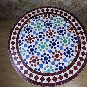 Colorful Customizable Handmade Moroccan Mosaic Table with Fence Design–Zellij Round Patio and Garden Table,Outdoor Coffee, Side Table