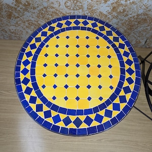 Blue-Yellow Customizable Handmade Moroccan Mosaic Table with Fence Design–Zellij Round Patio and Garden Table,Outdoor Coffee, Side Table