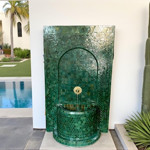 Customizable Rustic Mosaic Wall Fountain: Green Mid-Century Indoor/Outdoor Water Feature for Your Garden or Patio