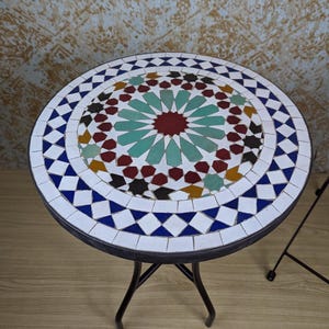 Colorful Customizable Handmade Moroccan Mosaic Table with Fence Design–Zellij Round Patio and Garden Table,Outdoor Coffee, Side Table