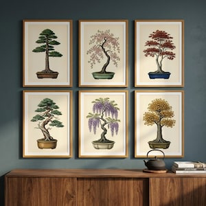 May include: A set of six framed wall art prints featuring botanical illustrations of various bonsai trees in ceramic pots, including pine, cherry blossom, maple, wisteria, and ginkgo, displayed in light wood frames on a dark wall.