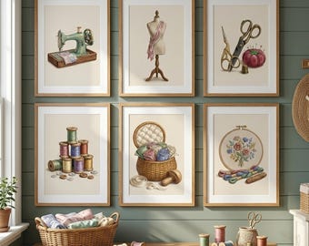 May include: Six framed wall art prints featuring sewing themes: a mint green sewing machine, a dress form, scissors with a pincushion, stacked thread spools, a basket of fabric rolls, and an embroidery hoop with floral needlework.