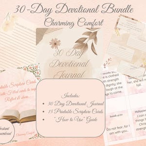 Paquete devocional de 30 días / Tarjetas y diario bíblico / Imprimibles basados en la fe / Descarga cristiana instantánea / Consuelo encantador