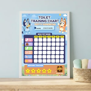 May include: A light blue toilet training chart titled Potty Superstar featuring two cartoon dogs, a weekly grid for tracking tasks like washing hands and flushing, and a reward tracker with five yellow stars and a treasure chest graphic.