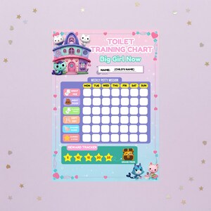 May include: A pink and blue toilet training chart featuring cartoon cats and a house illustration. The text reads TOILET TRAINING CHART, Big Girl Now, and includes a weekly grid for tasks like Went Pee, Went Poop, Flushed Toilet, Kept Dry, Washed Hands, and Earned a Star, plus a reward tracker with stars and a treasure chest.