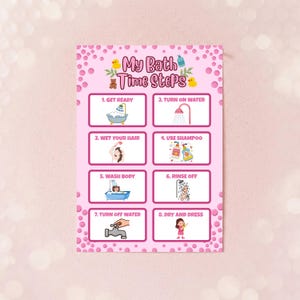 Op de afbeelding: Een roze rechthoekige kaart met de titel My Bath Time Steps en een rand van roze stippen. Het bevat acht genummerde stappen met illustraties: klaarmaken, water aanzetten, haar natmaken, shampoo gebruiken, lichaam wassen, afspoelen, water uitzetten en afdrogen.