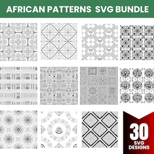Puede incluir: Un conjunto de 30 diseños SVG con diversos patrones africanos en blanco y negro. Los patrones incluyen formas geométricas, motivos tribales y diseños simétricos. Adecuado para arte digital, manualidades y otros proyectos creativos.