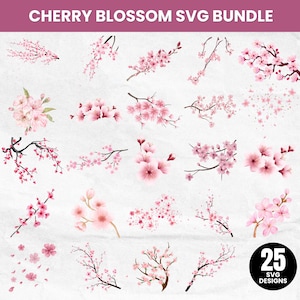 May include: A set of 25 cherry blossom SVG designs. The designs showcase pink cherry blossoms and branches in diverse arrangements, including individual flowers and clusters. The text "CHERRY BLOSSOM SVG BUNDLE" is at the top.