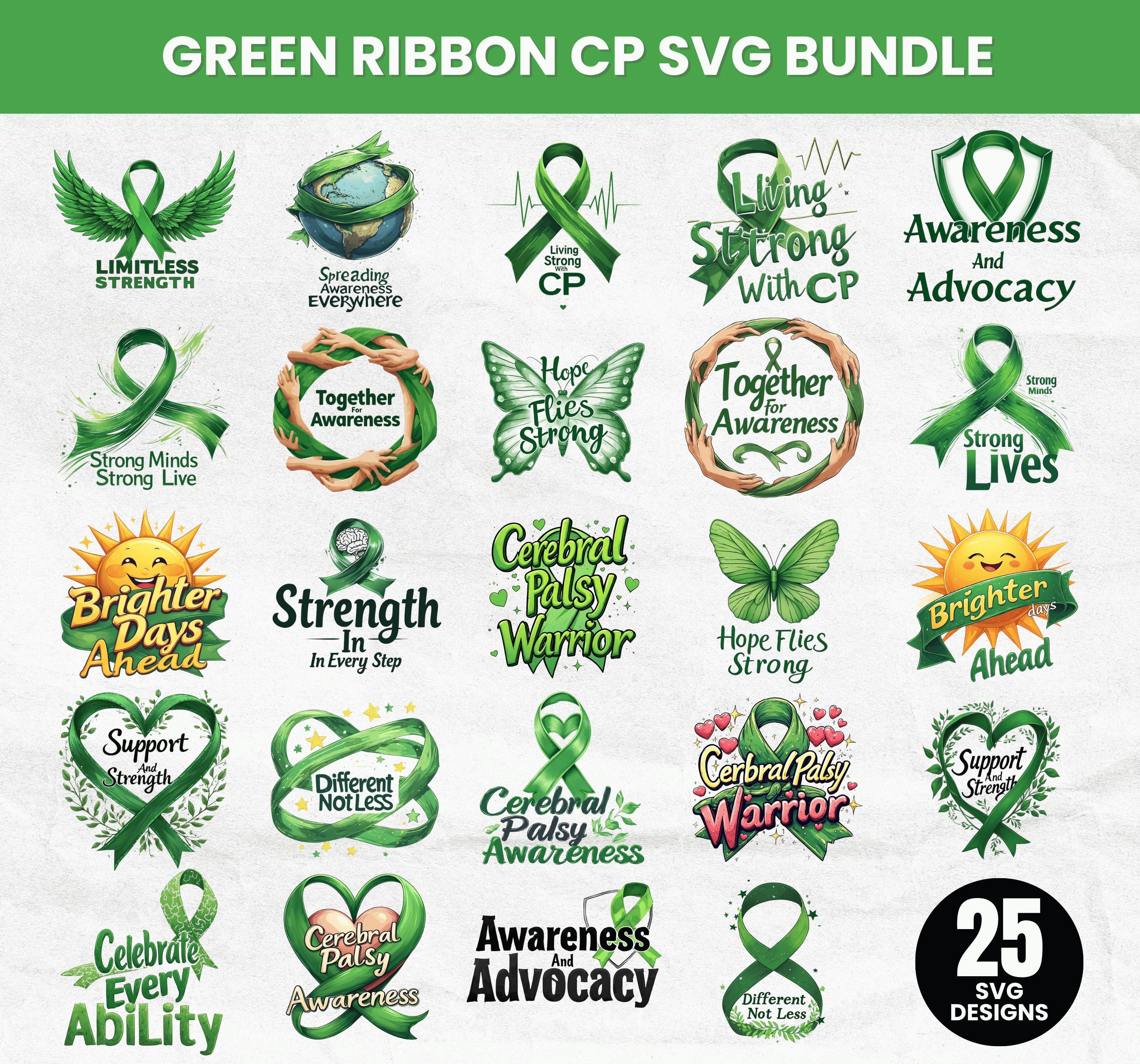 Cerebral Palsy Awareness SVG Bundle, Green Ribbon Warrior Designs (svg ...