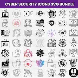 May include: A set of 49 black and white cyber security icons in an SVG bundle. The icons include padlocks, shields, computers, fingerprints, and other security-related symbols. The text "CYBER SECURITY ICONS SVG BUNDLE" is at the top.
