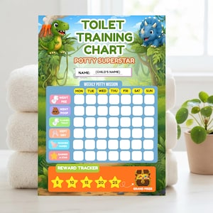 May include: A rectangular toilet training chart featuring a jungle theme with a green dinosaur and a blue triceratops. The chart includes a weekly potty mission grid, a name field, and an orange reward tracker with stars numbered 5 through 25.