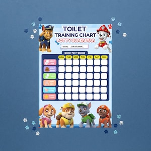 May include: A rectangular toilet training chart titled Potty Superstar featuring Paw Patrol characters. The chart includes a weekly mission grid with days of the week, rows for tracking bathroom habits, and a space for a child's name on a blue background.