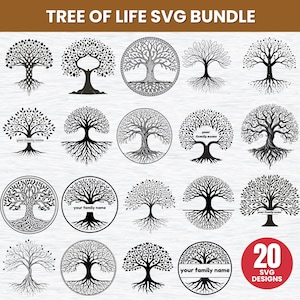 May include: A collection of 20 black and white Tree of Life SVG designs. The designs include various tree illustrations, some with circular frames and space for customization with text like "your family name". The designs are suitable for digital crafting.