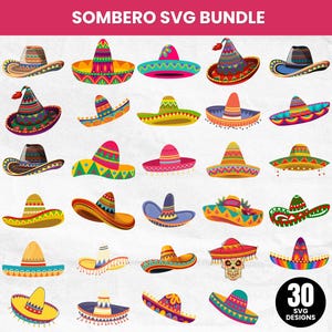Puede incluir: Una colección de 30 diseños de sombreros coloridos en varios estilos. Los sombreros presentan patrones vibrantes, borlas y elementos decorativos. La imagen incluye el texto "SOMBERO SVG BUNDLE" y "30 SVG DESIGNS".