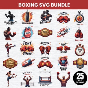Puede incluir: Un conjunto de 25 diseños SVG con temática de boxeo. Los diseños incluyen ilustraciones de guantes de boxeo, un saco de boxeo, un ring y boxeadores en acción. Los elementos de texto incluyen "Knockout Power", "Train Hard", "Fight Strong" y "Fight Night".
