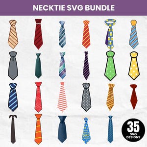 Può includere: Illustrazione di 20 cravatte in vari colori e fantasie, tra cui righe, pois e tinta unita. Il testo "NECKTIE SVG BUNDLE" è in alto, e un cerchio con il numero "35" e "SVG DESIGNS" è in basso a destra.