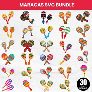 Puede incluir: Un conjunto de 30 diseños de maracas coloridas. Las maracas presentan patrones y colores vibrantes, incluyendo rojo, amarillo, azul y verde. El texto "MARACAS SVG BUNDLE" está en la parte superior y "30 SVG DESIGNS" en la esquina inferior derecha.