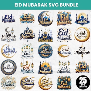 Può includere: Una collezione di 25 design SVG di Eid Mubarak. I design presentano mezzelune, lanterne, moschee e le parole "Eid Mubarak" in eleganti font, con una palette di colori blu, oro e bianco.