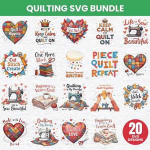 May include: A set of 20 quilting SVG designs. The designs include sewing machines, hearts, and phrases such as "Keep Calm and Quilt On" and "Sew Much Love." The colour scheme features red, blue, and yellow.