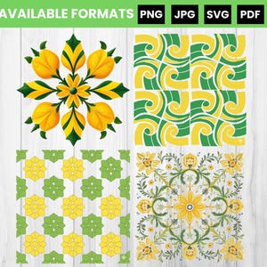 May include: A collection of four digital designs featuring floral and geometric patterns in yellow, green, and white. The designs include a symmetrical floral arrangement, a repeating swirl pattern, and two different repeating geometric patterns. The text "AVAILABLE FORMATS PNG JPG SVG PDF" is at the top.