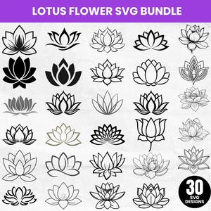 May include: A collection of 30 lotus flower SVG designs in various styles, including line art and solid black silhouettes. The designs are displayed on a textured, off-white background, with the text "LOTUS FLOWER SVG BUNDLE" at the top.