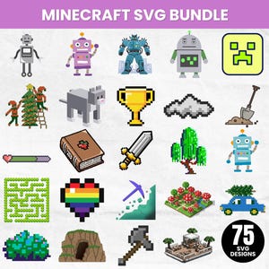 May include: A collection of 75 Minecraft SVG designs. The designs include pixelated robots, a cat, a trophy, a sword, a tree, a maze, a rainbow heart, a pickaxe, mushrooms, a car with a Christmas tree, and a cave.