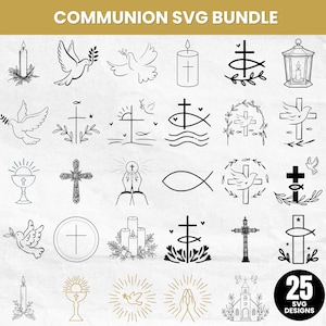 Op de afbeelding: Een verzameling van 25 Communie SVG-ontwerpen in zwart en wit. De ontwerpen omvatten kruisen, duiven, kaarsen, kelken en een kerk. De tekst "COMMUNION SVG BUNDLE" staat bovenaan.