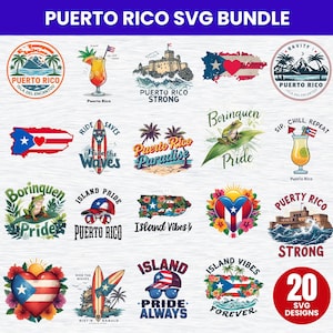 Może przedstawiać: Kolekcja 20 wzorów SVG z motywami Puerto Rico. Projekty obejmują ilustracje flagi Portoryko, tropikalnych napojów, desek surfingowych i krajobrazów wyspy. Tekst zawiera "Puerto Rico", "Island Vibes" i "Pride Always".