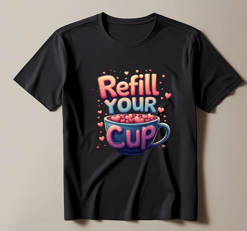 May include: Black t-shirt with a vibrant graphic. The design shows the words "Refill Your Cup" above a blue teacup filled with pink hearts. Small pink hearts are scattered around the cup and text.