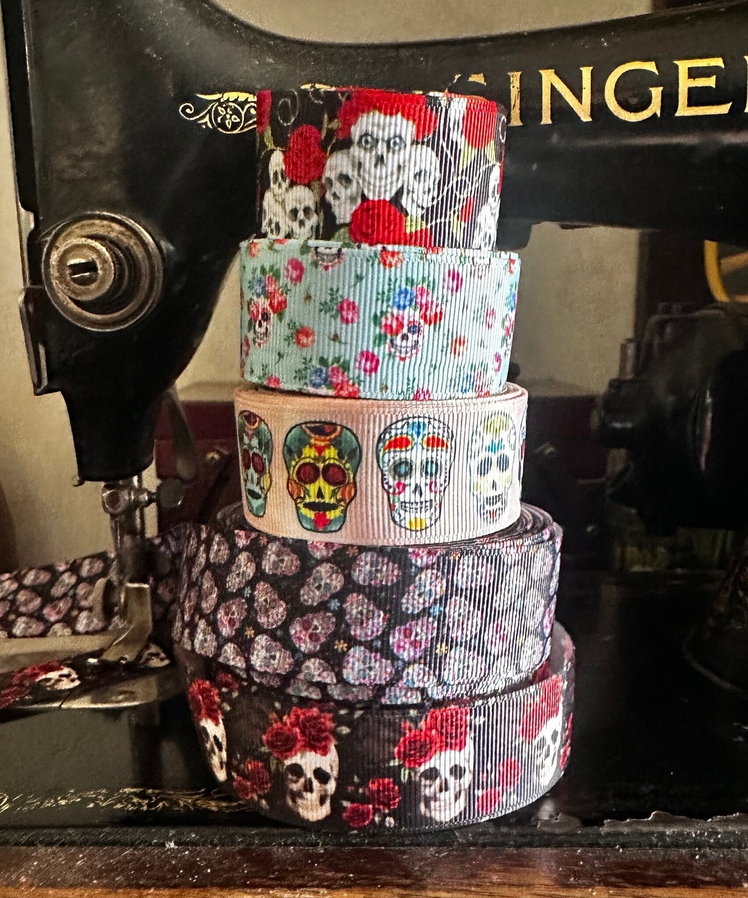 Skull and Roses Grosgrain Ribbon, Sugar Skull Polyester Trim, DIY ...