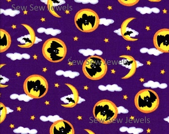 Bats and Moons Halloween Fabric, Purple Cotton Half Yard