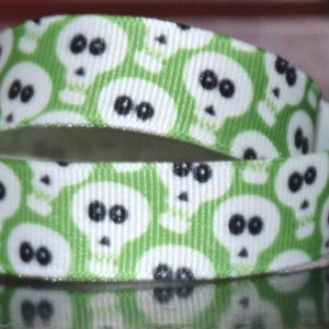 Green Skull Grosgrain Ribbon 5/8&quot; Grosgrain Ribbon, Hair Bow Supplies, Polyester Trim, Crafting Ribbon, DIY Bow Making, Junk Journaling