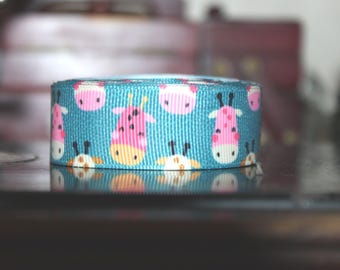 Cinta de grosgrain con diseño de jirafa, ribete de poliéster azul, para manualidades
