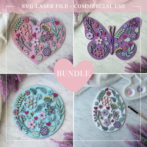 Paquete de cuatro letreros florales personalizados con nombre SVG - Archivo cortado a láser para manualidades de cumpleaños infantiles, kit de pintura DIY para niñas, descarga digital