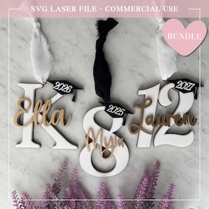 Pacote de enfeites de formatura para jardim de infância, 8ª, 12ª e 12ª séries, arquivo SVG cortado a laser, nome personalizado, etiqueta de presente de madeira e acrílico, download digital