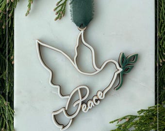 Adorno de paloma de la paz, adorno para árbol de Navidad SVG, adorno de paloma de rama de olivo, adorno navideño SVG, archivo cortado con láser, madera acrílica para Glowforge Lightburn