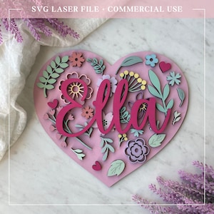 Letrero con nombre personalizado de corazón floral SVG - Archivo cortado a láser para manualidades de cumpleaños infantiles, kit de pintura DIY para niñas, descarga digital para Glowforge