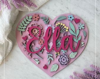 Floral Heart Custom Name Sign SVG - Laser Cut File for Kids Birthday Party Craft Favor, Girl DIY Paint Kit, Digital Download for Glowforge