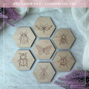 May include: Wooden hexagon coasters with engraved insect designs, including a moth, beetle, butterfly, bee, ladybug, and ant. The coasters are light brown with dark brown etched details. Text at the top reads "SVG LASER FILE + COMMERCIAL USE."