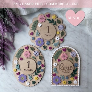 Baby Meilenstein Bundle Disk SVG Monatlich Foto Prop austauschbare Jakobsmuschel Rundbogen Oval Kinderzimmer Dekor Laser Digital Cut Datei Acryl