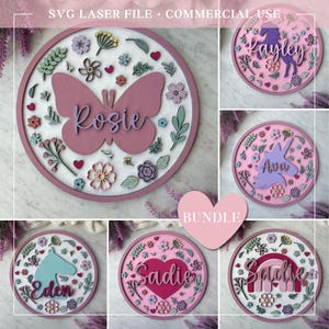 Lot de six noms floraux personnalisés signe SVG - fichier découpé au laser pour cadeau d'artisanat de fête d'anniversaire d'enfants, kit de peinture pour bricolage fille, téléchargement numérique, cheval