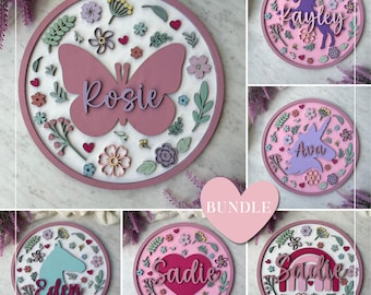 Paquete de seis letreros florales personalizados con nombre SVG - Archivo cortado con láser para manualidades de fiesta de cumpleaños infantil, kit de pintura DIY para niña, descarga digital, caballo