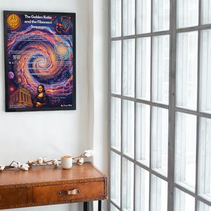 May include: A framed poster titled "The Golden Ratio and the Fibonacci Sequence" hangs on a white wall. The artwork features a spiral galaxy design with the Mona Lisa. A brown desk with two drawers is below the poster.