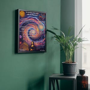 Könnte beinhalten: Gerahmter Kunstdruck mit einem farbenfrohen Galaxiedesign, mathematischen Gleichungen und der Mona Lisa. Der Text "Le nombre d'or et la suite de Fibonacci" steht oben. Der Druck hängt an einer grünen Wand.