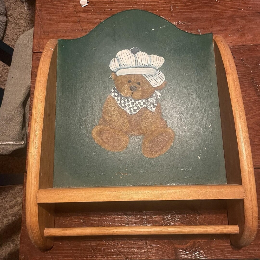 Vintage 1980's Folk Art Teddy Bear Towel Holder Wall Mount Kitchen ...