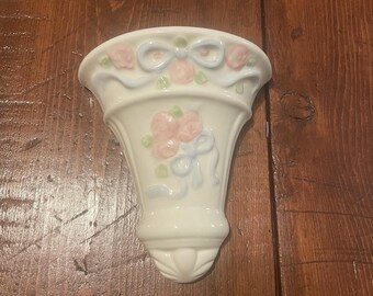 Vintage Wall Pocket Ceramic Off White Embossed Floral and Ribbons Desgin
