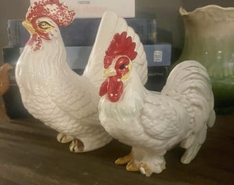 Vintage Chicken Rooster White Ceramic Made in Japan Hand Painted Set Of 2