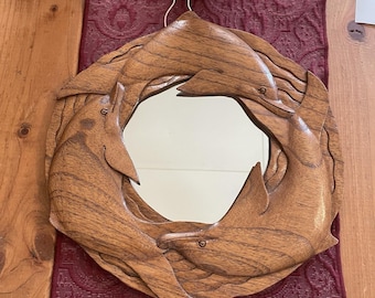 Vintage Hand Carved Dolphin Wood Mirror: Coastal Beach Decor 13"